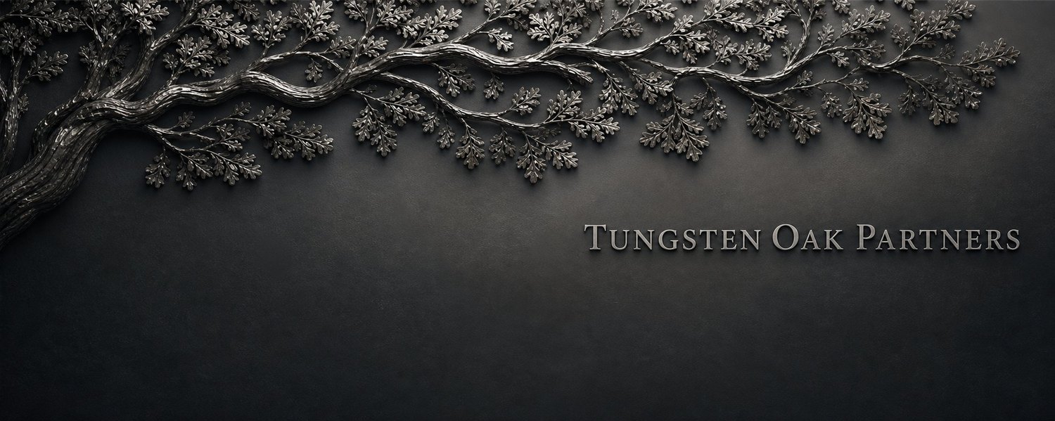 A silvered oak branch, the mark of Tungsten Oak Partners